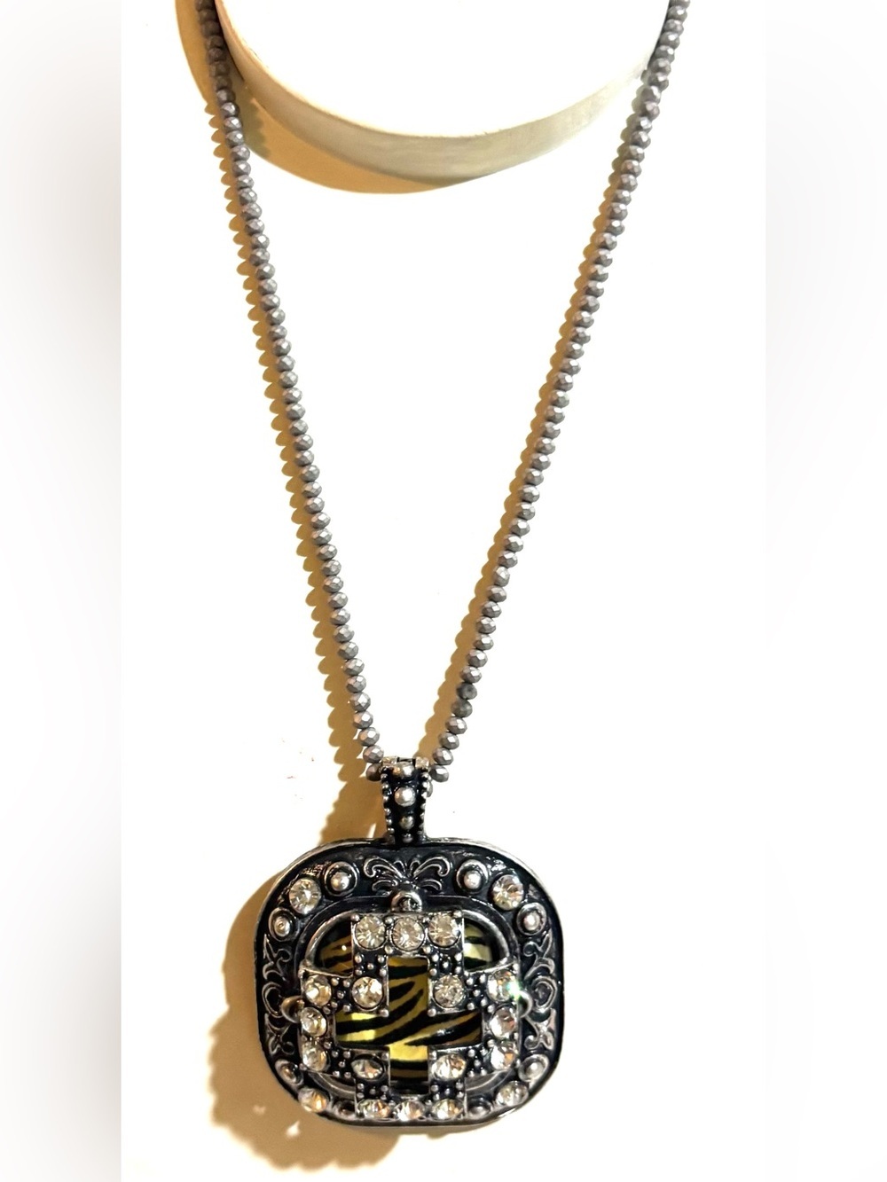 Vintage Silver-Tone Crystal Pendant Necklace with Black and Yellow Accent